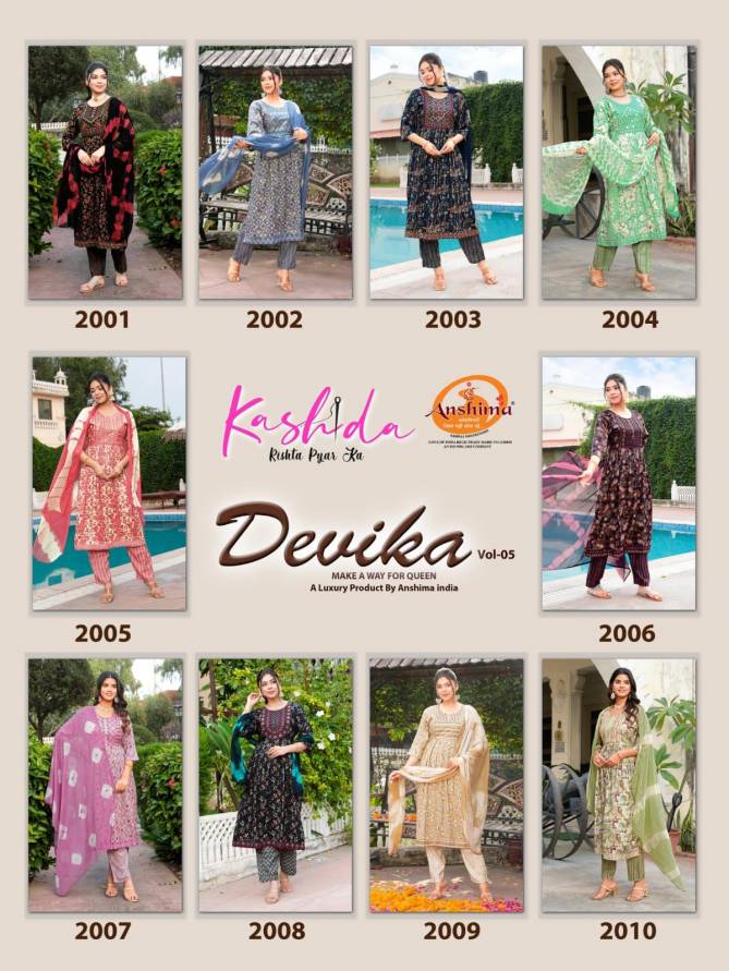 Devika Vol 5 By Kashida Capsule Foil Printed Naira Cut Kurti With Bottom Dupatta Wholesale Online